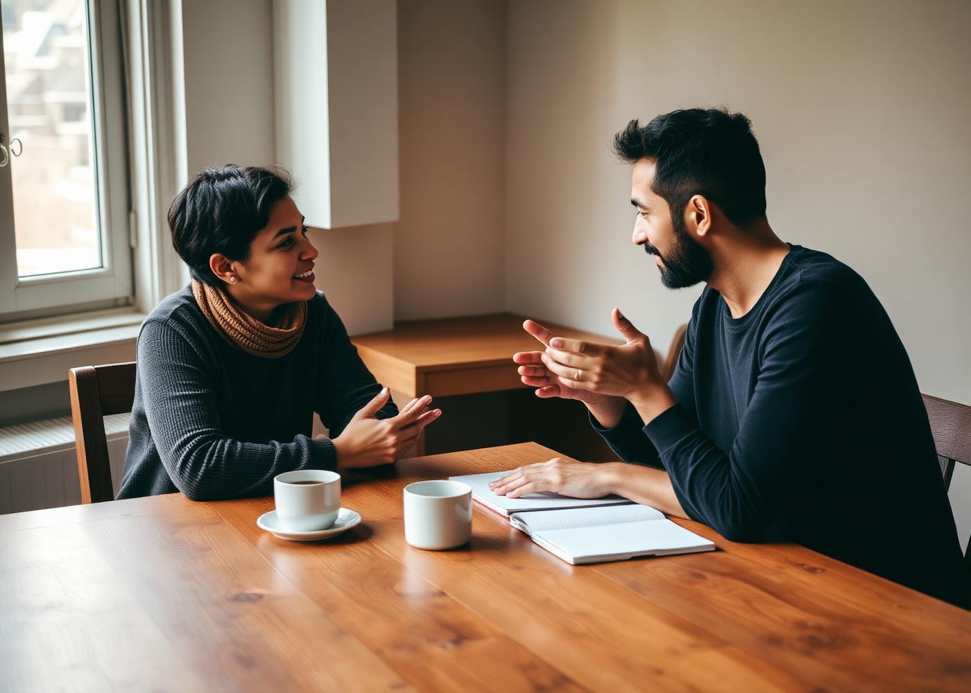 Two people in a mentoring conversation at a table