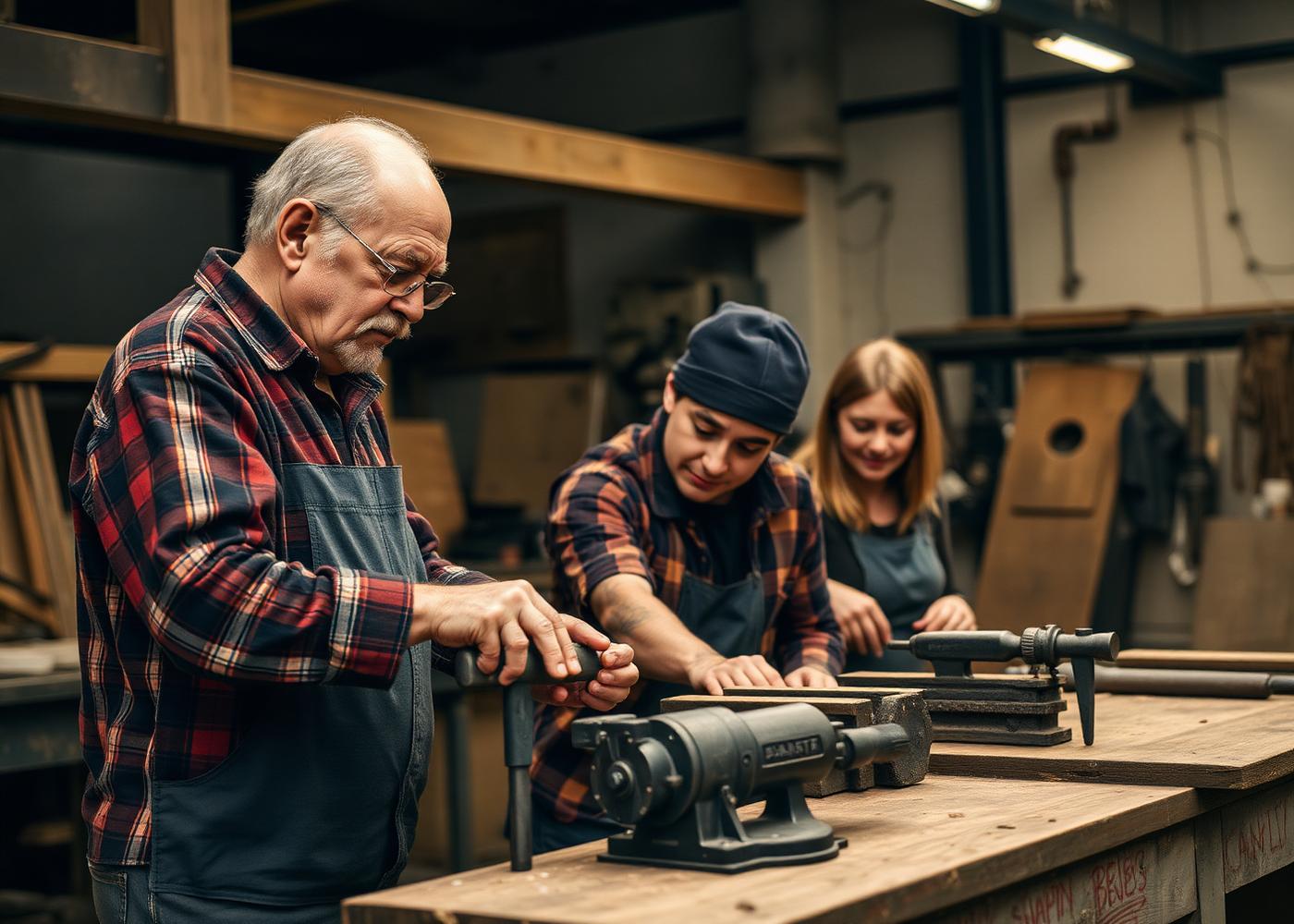 A mentor showing two learners how to use tools at a workbench